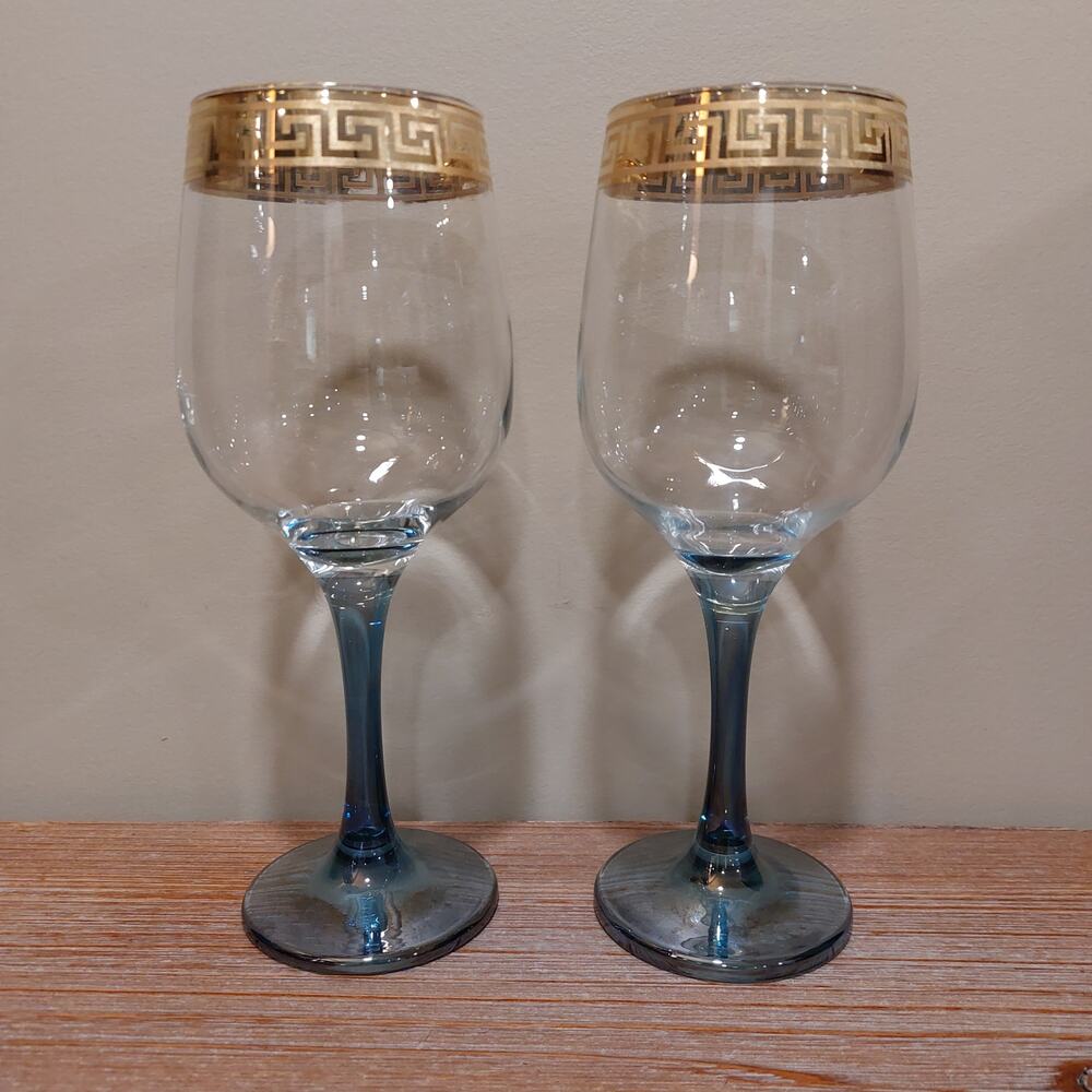 1970s Vintage Mediterranean Greek Key Gold Banded Blue Stem Wine Glasses Set (2)
